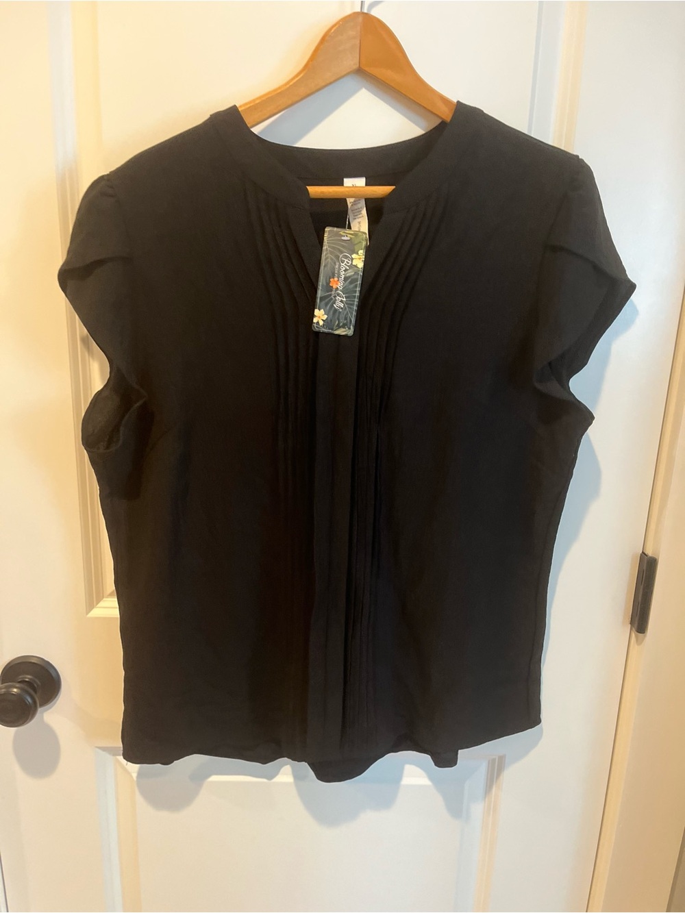 Cap-Sleeve Pintuck Black Women's Blouse